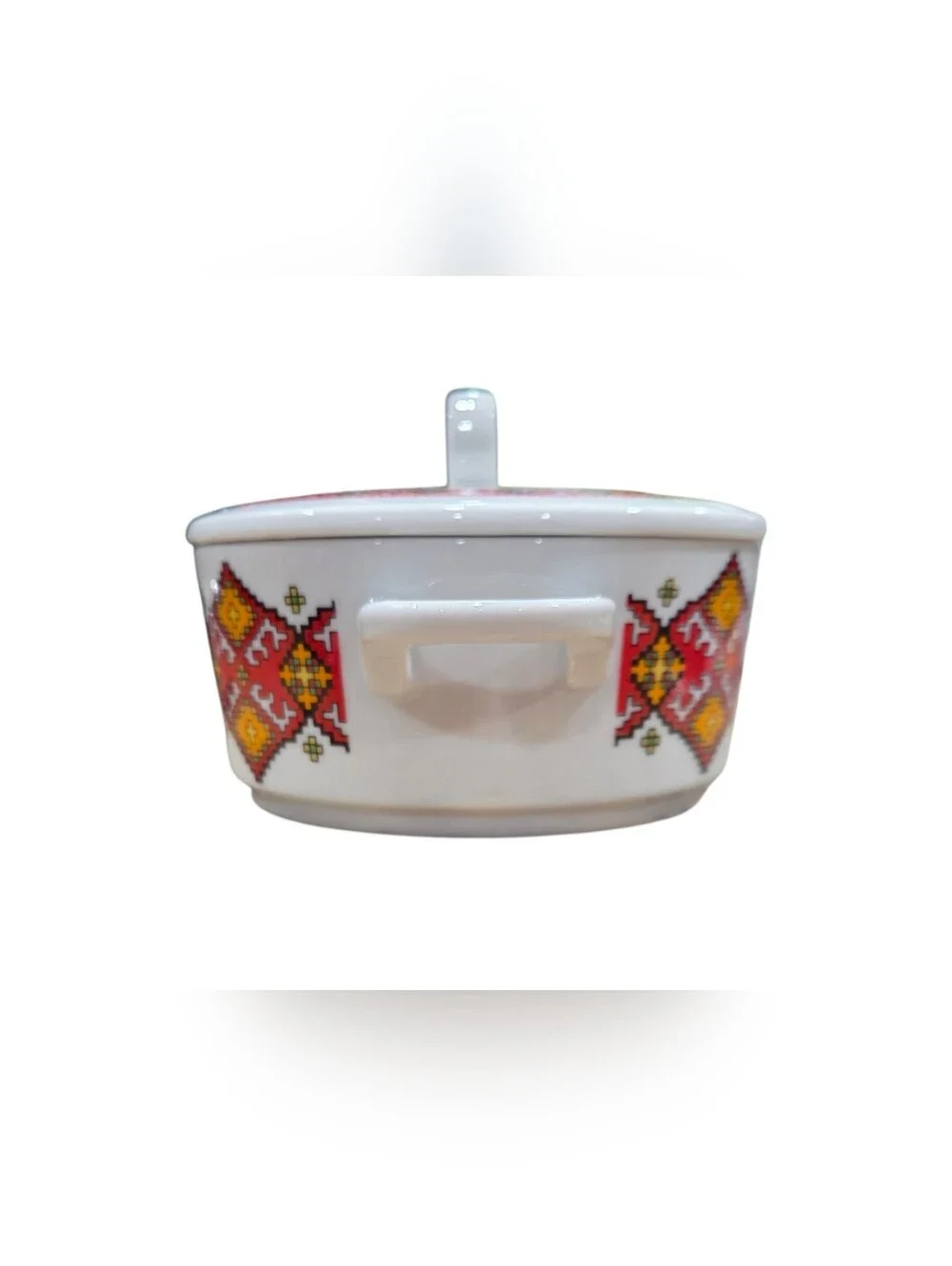 Vintage Enesco Porcelain Bowl W/Lid In a Vibrant, Aztec Southwestern-Style Print
